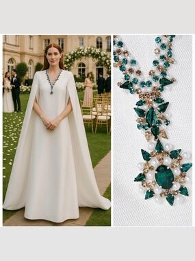 Reem Acra White Gown Mikado Caftan Cape Green Crystal XL Wedding Formal NWT 🟡
